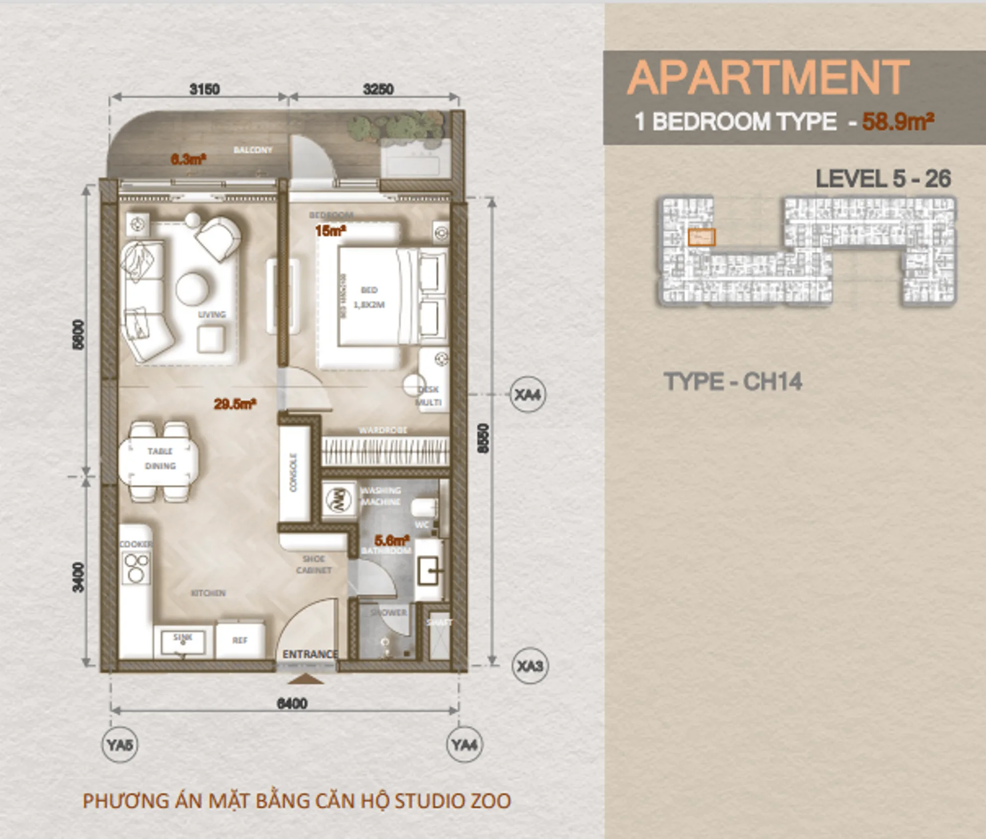 layout thiết kế căn hộ 1 phòng ngủ the legend danang