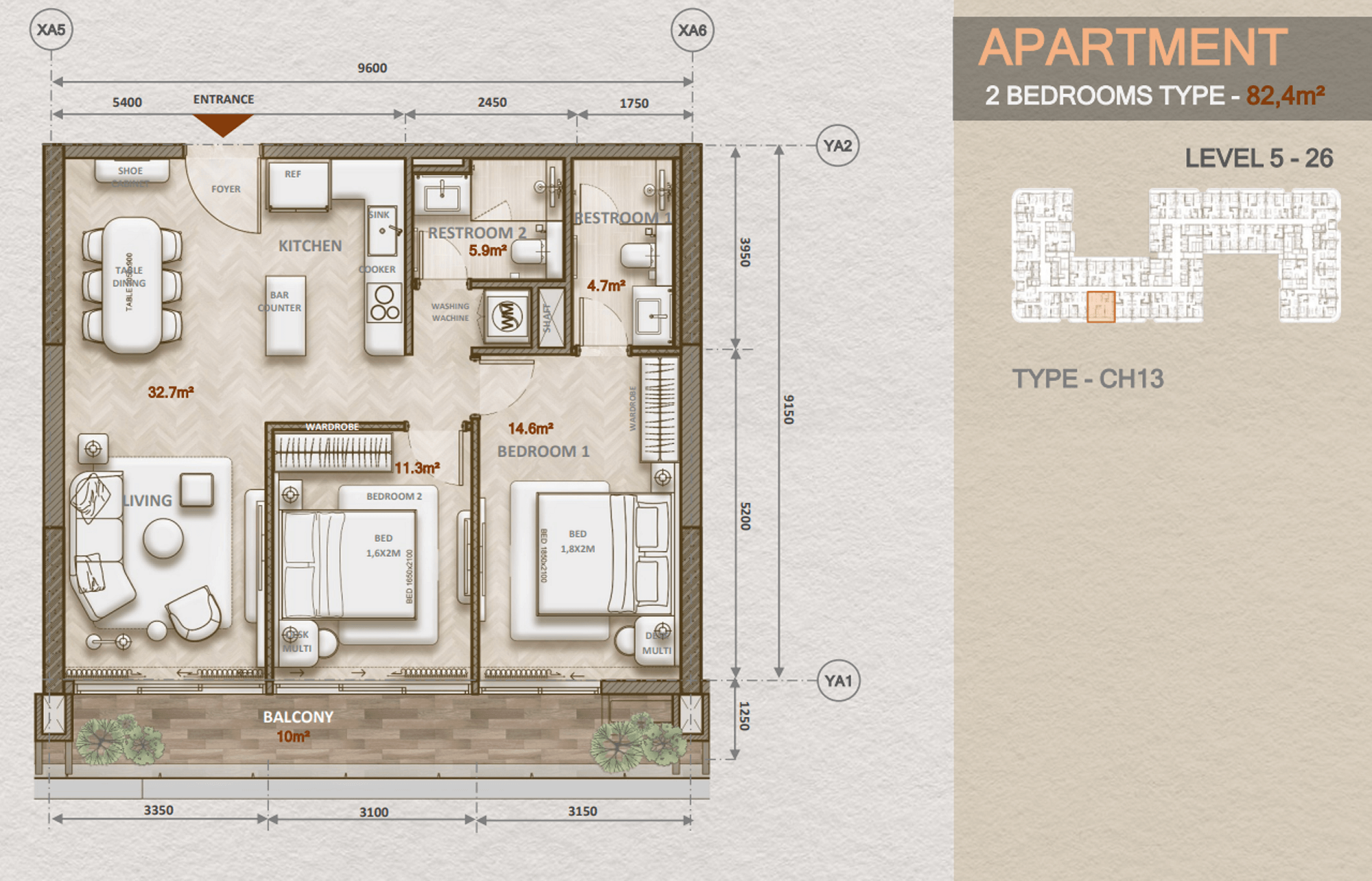 layout căn hộ 2 phòng ngủ
