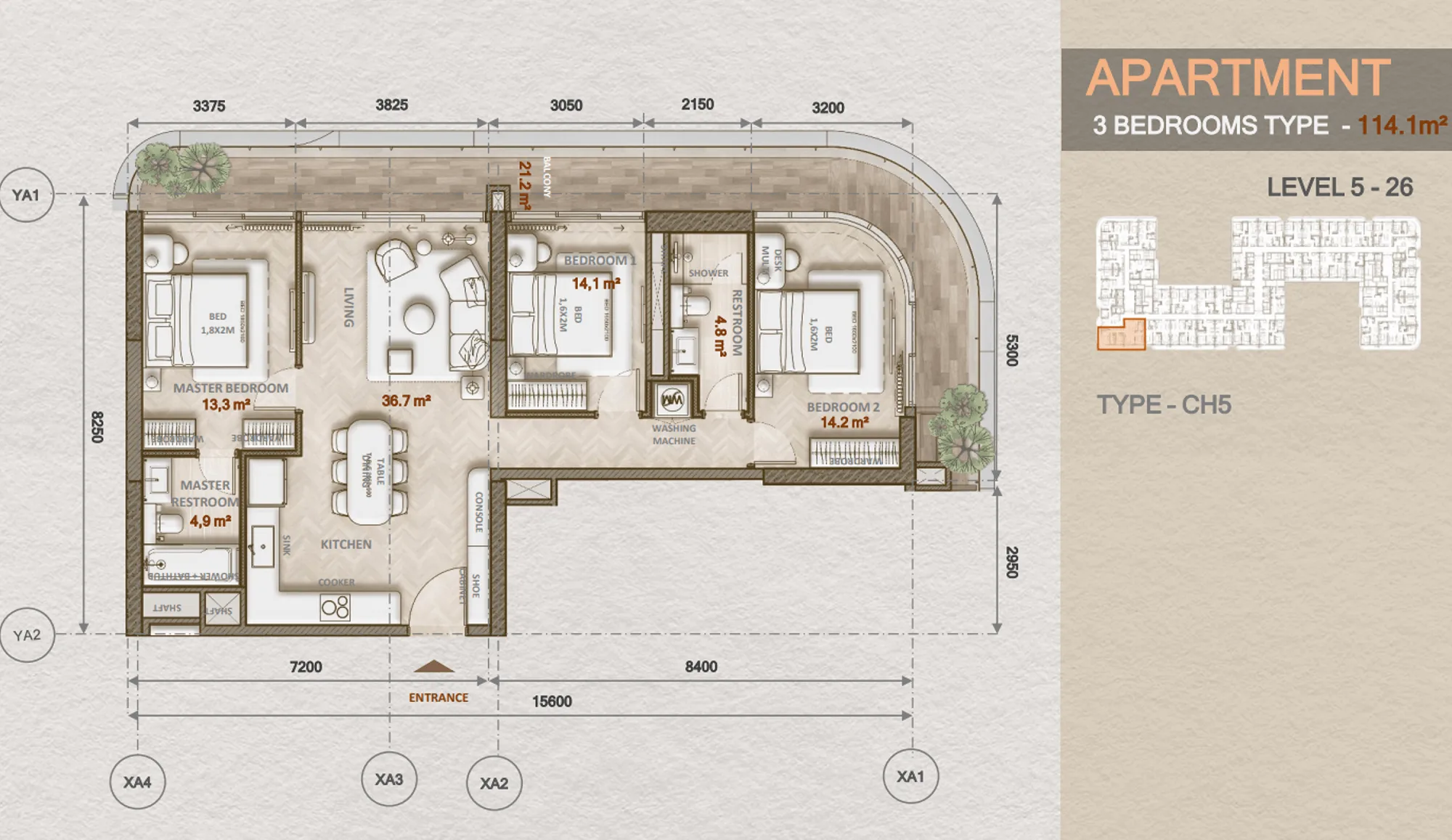 layout thiết kế căn hộ 3 phòng ngủ the legend danang